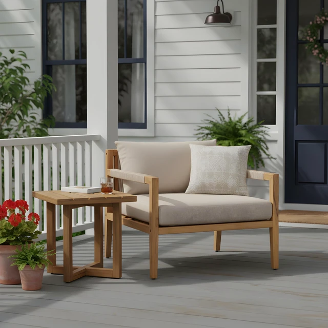 Alt view image 2 of 7 - Elegance Set Rope Chair with Cross Stretcher Side Table, Acacia Wood, Patio Furniture Sets