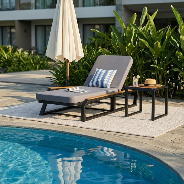 Alt view image 4 of 7 - 3 Piece Adjustable Position Outdoor Chaise Lounge Set with Grey Cushion and Side Table, Patio Reclining Lounger