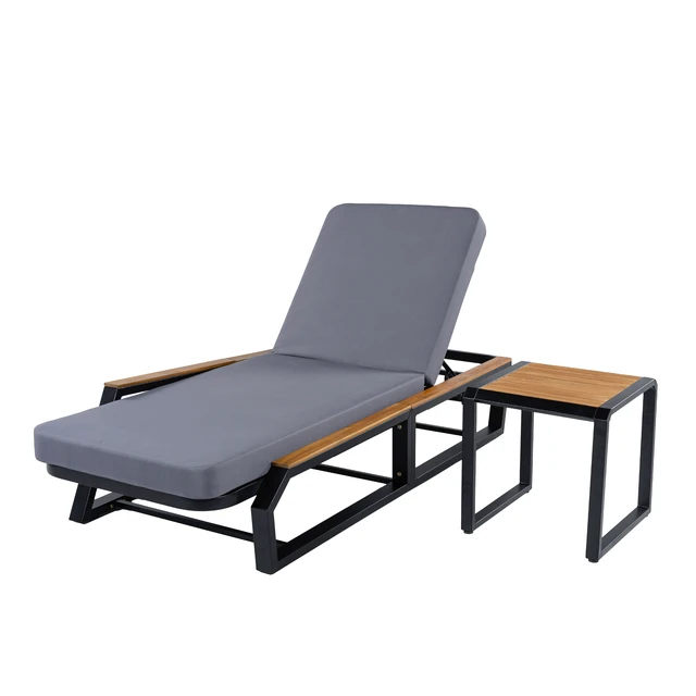 Alt view image 5 of 7 - 3 Piece Adjustable Position Outdoor Chaise Lounge Set with Grey Cushion and Side Table, Patio Reclining Lounger
