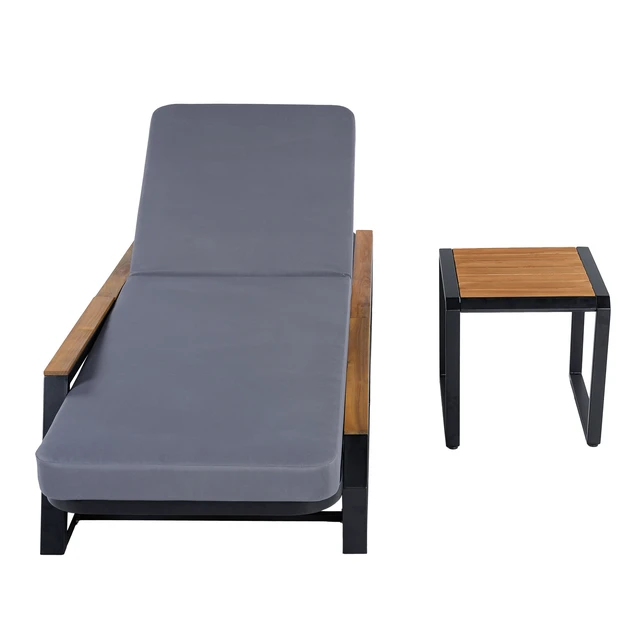 Alt view image 6 of 7 - 3 Piece Adjustable Position Outdoor Chaise Lounge Set with Grey Cushion and Side Table, Patio Reclining Lounger