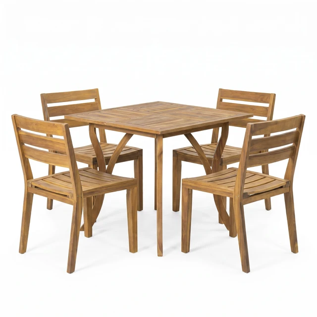 Alt view image 2 of 7 - Outdoor 5 Pieces Dining Set, Teak, Acacia Wood, Patio Furniture Sets