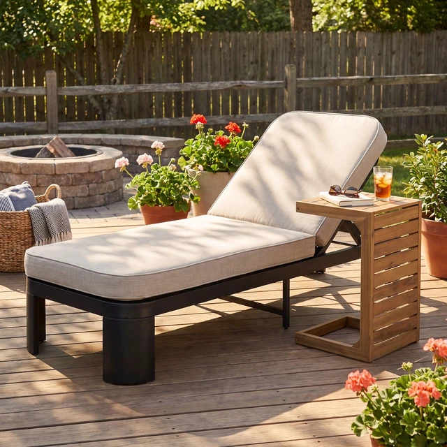 Alt view image 4 of 7 - Outdoor Chaise Lounge Set with Side Table, Position Adjustable Patio Recliner, Beige Black Brown, Acacia Wood
