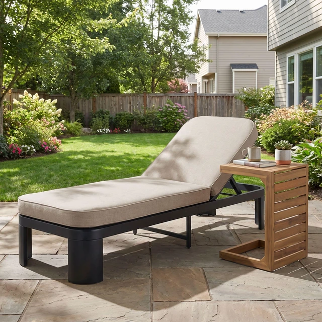 Alt view image 2 of 7 - Outdoor Chaise Lounge Set with Side Table, Position Adjustable Patio Recliner, Beige Black Brown, Acacia Wood