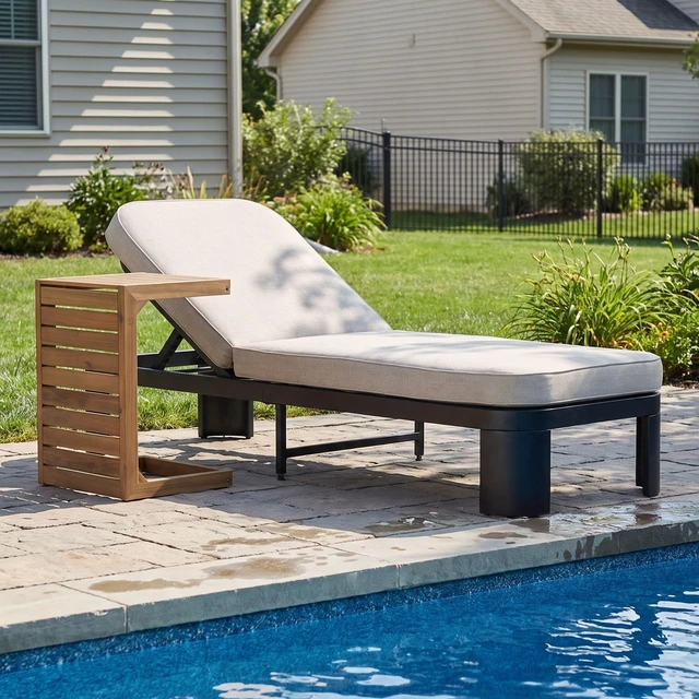 Alt view image 3 of 7 - Outdoor Chaise Lounge Set with Side Table, Position Adjustable Patio Recliner, Beige Black Brown, Acacia Wood