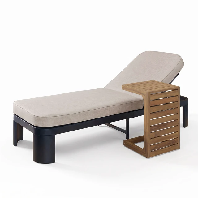Alt view image 5 of 7 - Outdoor Chaise Lounge Set with Side Table, Position Adjustable Patio Recliner, Beige Black Brown, Acacia Wood