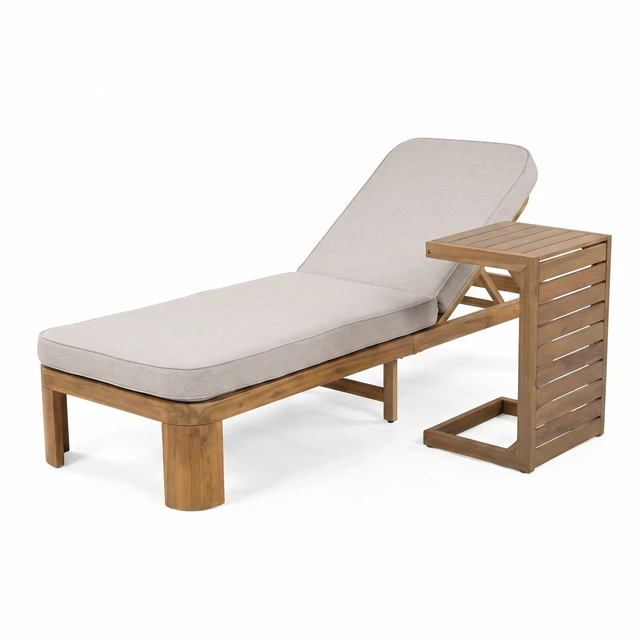 Alt view image 4 of 7 - Outdoor Chaise Lounge Set with Side Table, Position Adjustable Patio Recliner, Beige Brown Teak, Acacia Wood