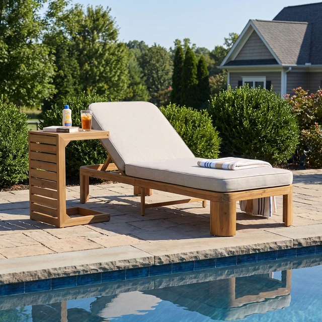 Alt view image 3 of 7 - Outdoor Chaise Lounge Set with Side Table, Position Adjustable Patio Recliner, Beige Brown Teak, Acacia Wood
