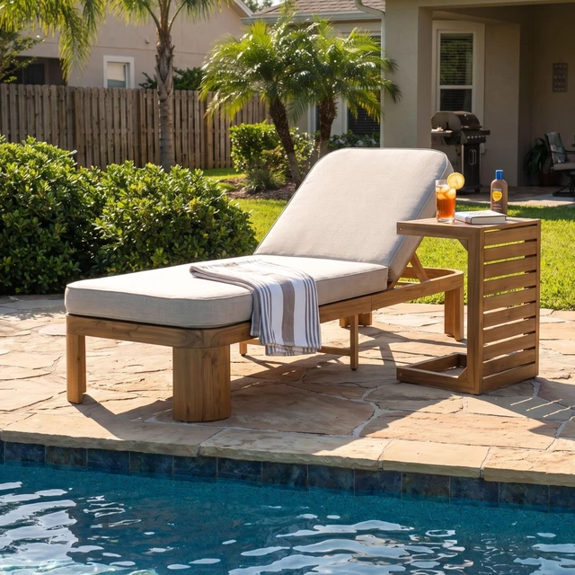 Main image of Outdoor Chaise Lounge Set with Side Table, Position Adjustable Patio Recliner, Beige Brown Teak, Acacia Wood