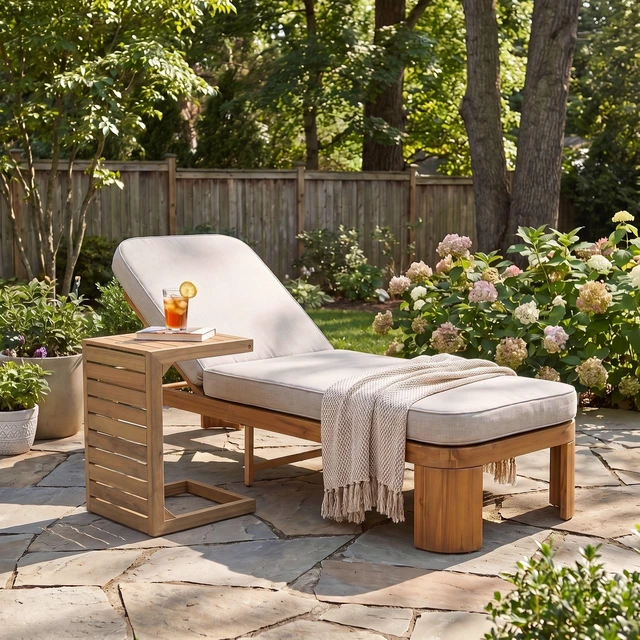 Alt view image 2 of 7 - Outdoor Chaise Lounge Set with Side Table, Position Adjustable Patio Recliner, Beige Brown Teak, Acacia Wood