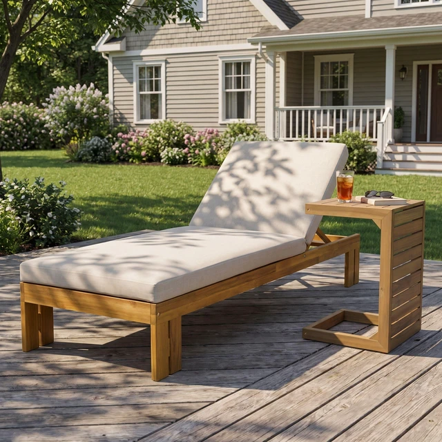 Alt view image 2 of 7 - Outdoor Chaise Lounge with Shaped Side Table, Position Adjustable Backrest, Beige Brown Teak, Acacia Wood and Fabric