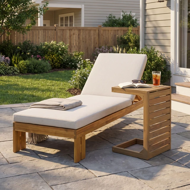 Alt view image 3 of 7 - Outdoor Chaise Lounge with Shaped Side Table, Position Adjustable Backrest, Beige Brown Teak, Acacia Wood and Fabric