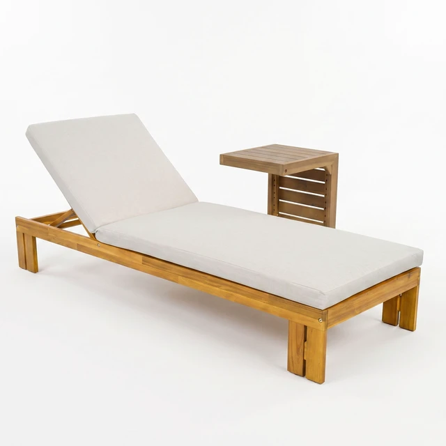 Alt view image 4 of 7 - Outdoor Chaise Lounge with Shaped Side Table, Position Adjustable Backrest, Beige Brown Teak, Acacia Wood and Fabric