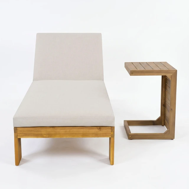 Alt view image 5 of 7 - Outdoor Chaise Lounge with Shaped Side Table, Position Adjustable Backrest, Beige Brown Teak, Acacia Wood and Fabric