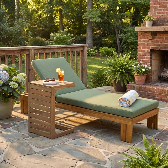 Main image of Outdoor Chaise Lounge with Shaped Side Table, Position Adjustable Backrest, Brown Green Teak, Acacia Wood and Fabric