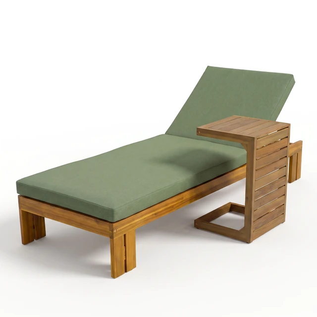 Alt view image 4 of 7 - Outdoor Chaise Lounge with Shaped Side Table, Position Adjustable Backrest, Brown Green Teak, Acacia Wood and Fabric