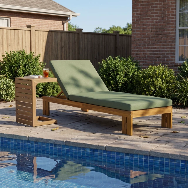 Alt view image 2 of 7 - Outdoor Chaise Lounge with Shaped Side Table, Position Adjustable Backrest, Brown Green Teak, Acacia Wood and Fabric
