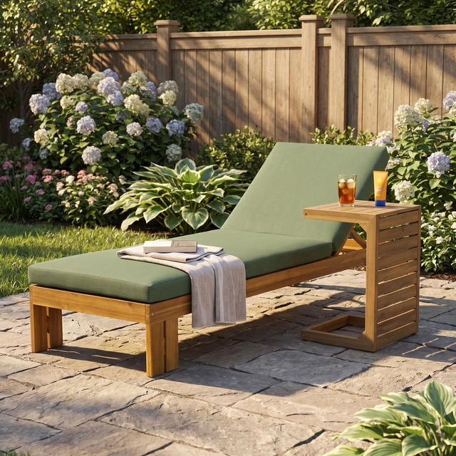 Alt view image 3 of 7 - Outdoor Chaise Lounge with Shaped Side Table, Position Adjustable Backrest, Brown Green Teak, Acacia Wood and Fabric
