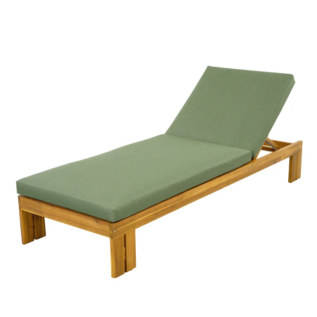 Alt view image 7 of 7 - Outdoor Chaise Lounge with Shaped Side Table, Position Adjustable Backrest, Brown Green Teak, Acacia Wood and Fabric