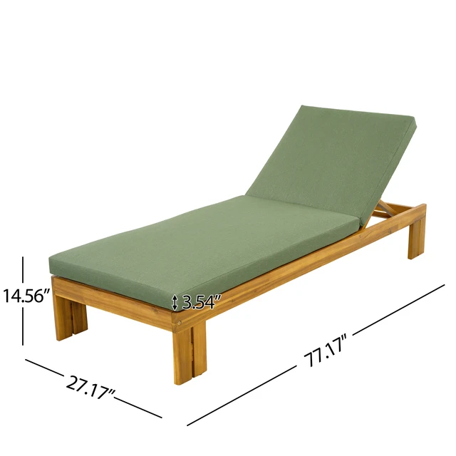 Alt view image 5 of 7 - Outdoor Chaise Lounge with Shaped Side Table, Position Adjustable Backrest, Brown Green Teak, Acacia Wood and Fabric