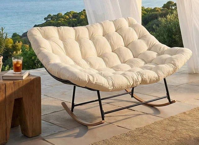 Main image of Outdoor Lounge Chair with Cushioned Seat and Rocking Base, White, Fabric and Metal, Patio Seating