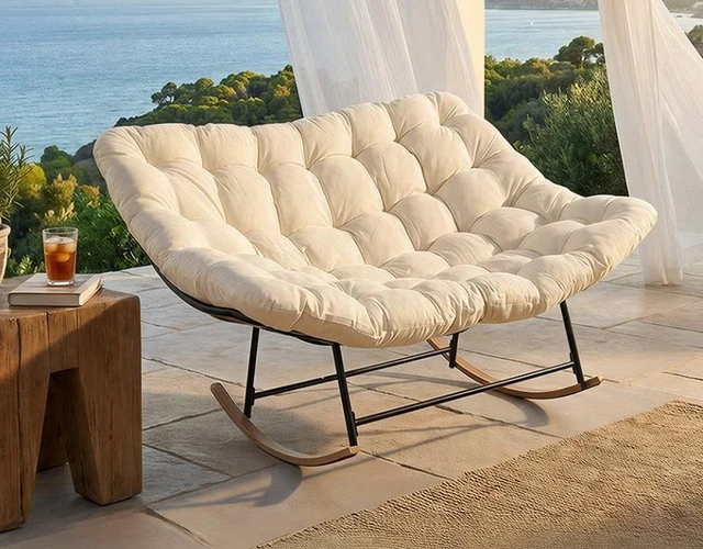 Alt view image 4 of 5 - Outdoor Lounge Chair with Cushioned Seat and Rocking Base, White, Fabric and Metal, Patio Seating