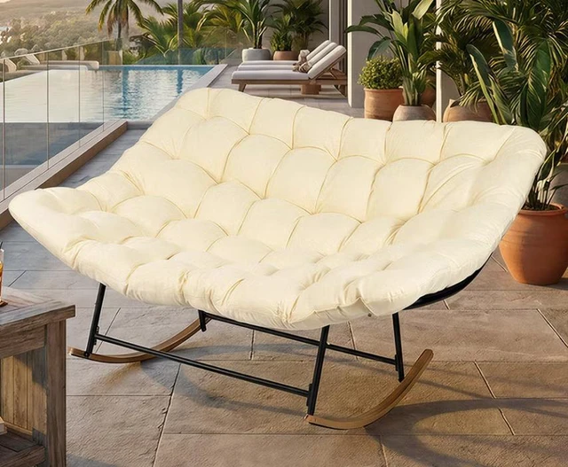 Alt view image 5 of 5 - Outdoor Lounge Chair with Cushioned Seat and Rocking Base, White, Fabric and Metal, Patio Seating