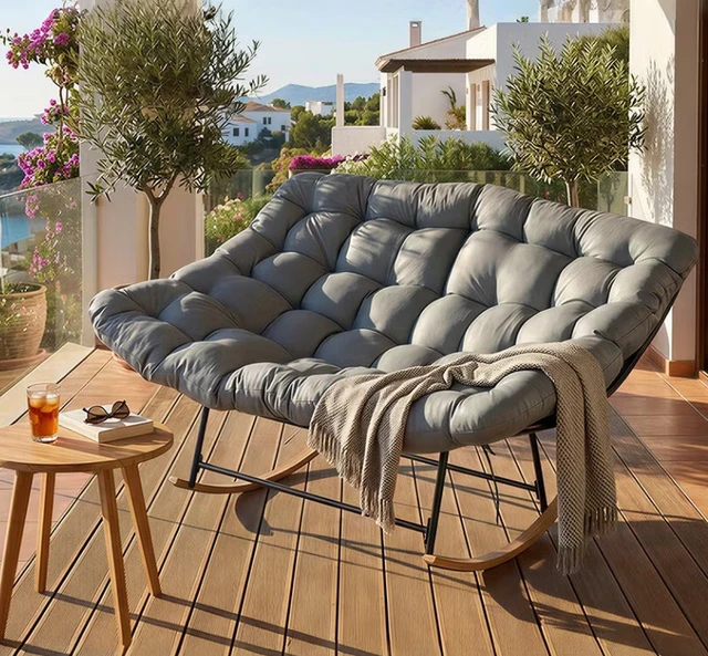 Alt view image 5 of 7 - Outdoor Lounge Chair with Cushioned Seat and Rocking Base, Grey, Fabric and Metal, Patio Seating