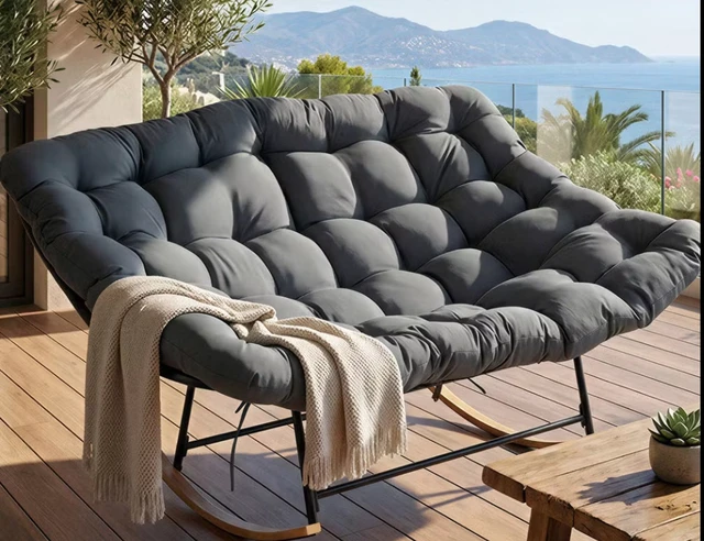 Alt view image 4 of 7 - Outdoor Lounge Chair with Cushioned Seat and Rocking Base, Grey, Fabric and Metal, Patio Seating