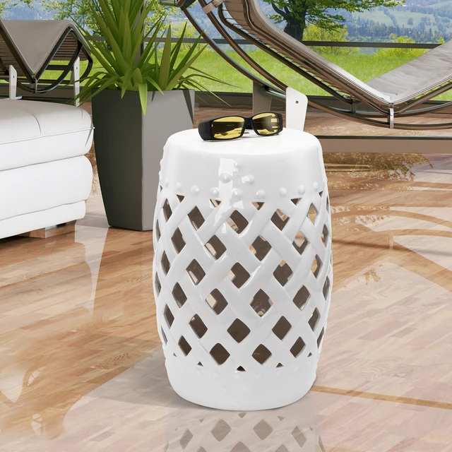 Alt view image 2 of 5 - Inchx 18 Inch Ceramic Garden Stool with Woven Lattice Design and Glazed Materials Decorative End Table, White