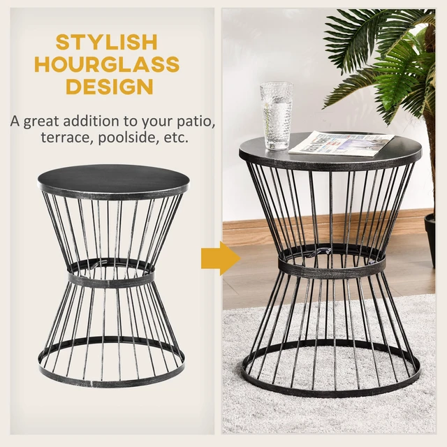 Alt view image 4 of 7 - 16 Inch Steel Patio Side Table, Garden End Table with Hourglass Design Accent for Outdoor and Indoor Use, Black, Patio
