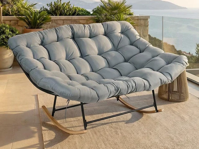 Main image of Outdoor Lounge Chair with Cushioned Seat and Rocking Base, Grey, Fabric and Metal, Patio Seating