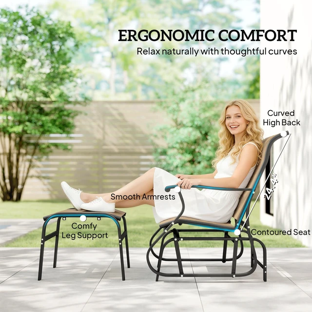 Alt view image 5 of 7 - Outdoor Glider Chair with Ottoman, Patio Glider Set with 24.4 Inch High Back 22 Inch Wide Seat 2 Piece Outdoor Lounge