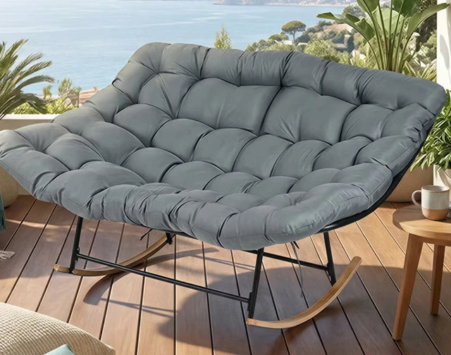 Alt view image 6 of 7 - Outdoor Lounge Chair with Cushioned Seat and Rocking Base, Grey, Fabric and Metal, Patio Seating