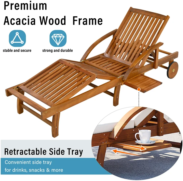 Alt view image 4 of 7 - 77.5 Inch Adjustable Outdoor Lounge Chair Wood Frame with Cushions, Reclining Backrest and Leg Rest Headrest