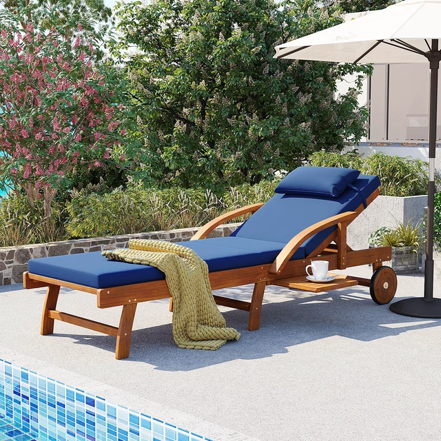Main image of 77.5 Inch Adjustable Outdoor Lounge Chair Wood Frame with Cushions, Reclining Backrest and Leg Rest Headrest