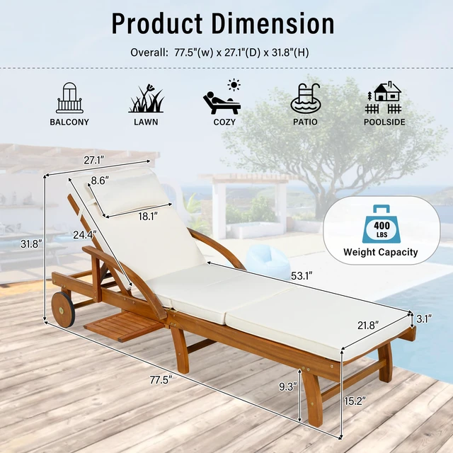 Alt view image 3 of 7 - 77.5 Inch Adjustable Outdoor Lounge Chair Wood Frame with Cushions, Reclining Backrest and Leg Rest Headrest