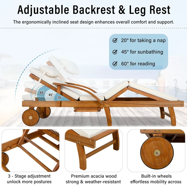 Alt view image 5 of 7 - 77.5 Inch Adjustable Outdoor Lounge Chair Wood Frame with Cushions, Reclining Backrest and Leg Rest Headrest