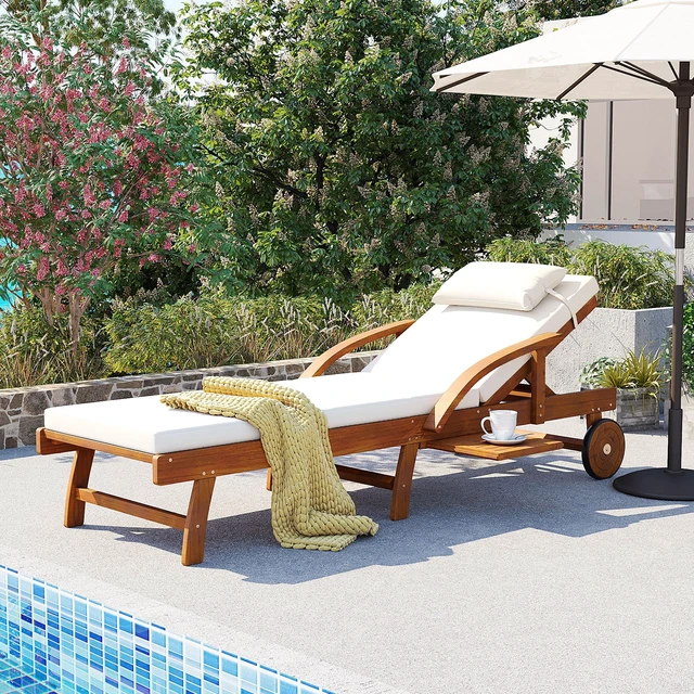 Main image of 77.5 Inch Adjustable Outdoor Lounge Chair Wood Frame with Cushions, Reclining Backrest and Leg Rest Headrest