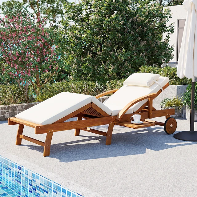 Alt view image 2 of 7 - 77.5 Inch Adjustable Outdoor Lounge Chair Wood Frame with Cushions, Reclining Backrest and Leg Rest Headrest