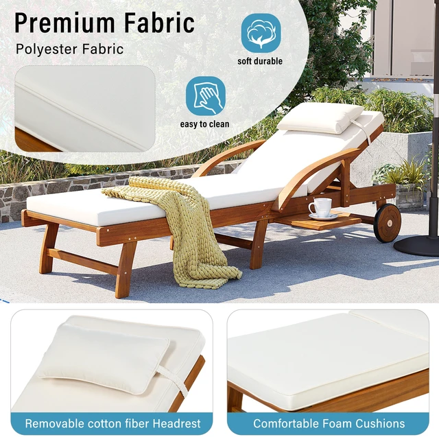 Alt view image 6 of 7 - 77.5 Inch Adjustable Outdoor Lounge Chair Wood Frame with Cushions, Reclining Backrest and Leg Rest Headrest