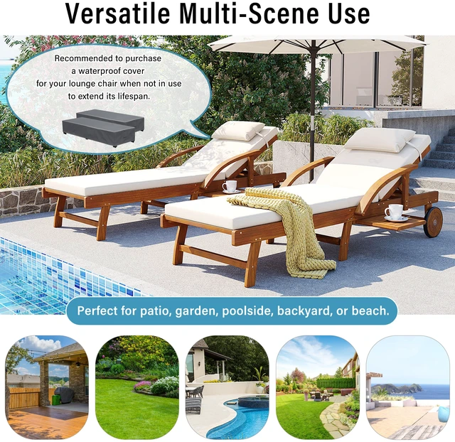Alt view image 7 of 7 - 77.5 Inch Adjustable Outdoor Lounge Chair Wood Frame with Cushions, Reclining Backrest and Leg Rest Headrest