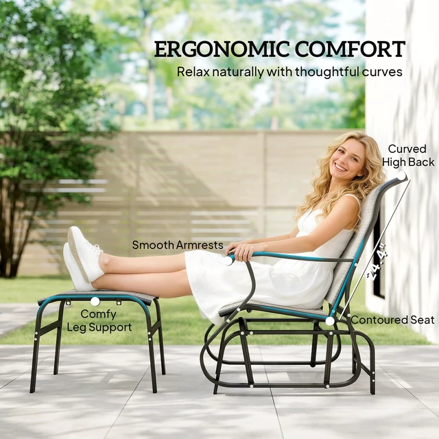 Alt view image 5 of 7 - Outdoor Glider Chair with Ottoman, Patio Glider Set with 24.4 Inch High Back 22 Inch Wide Seat 2 Piece Outdoor Lounge