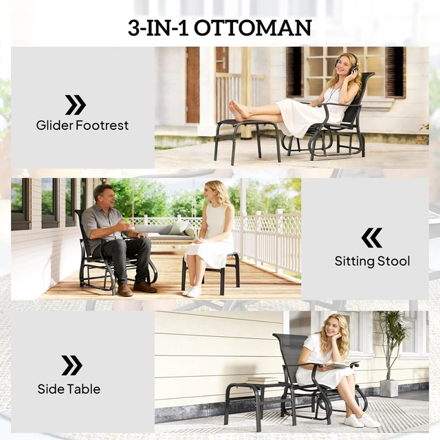 Alt view image 3 of 7 - Outdoor Glider Chair with Ottoman, Patio Glider Set with 24.4 Inch High Back 22 Inch Wide Seat 2 Piece Outdoor Lounge