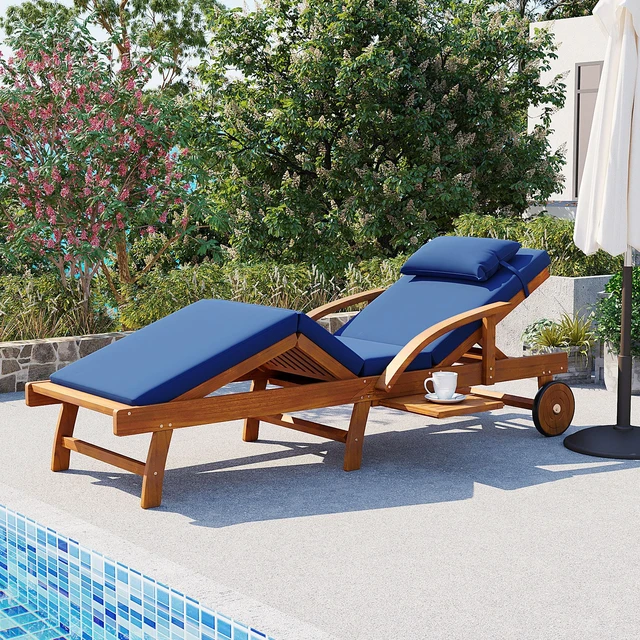 Alt view image 2 of 7 - 77.5 Inch Adjustable Outdoor Lounge Chair Wood Frame with Cushions, Reclining Backrest and Leg Rest Headrest