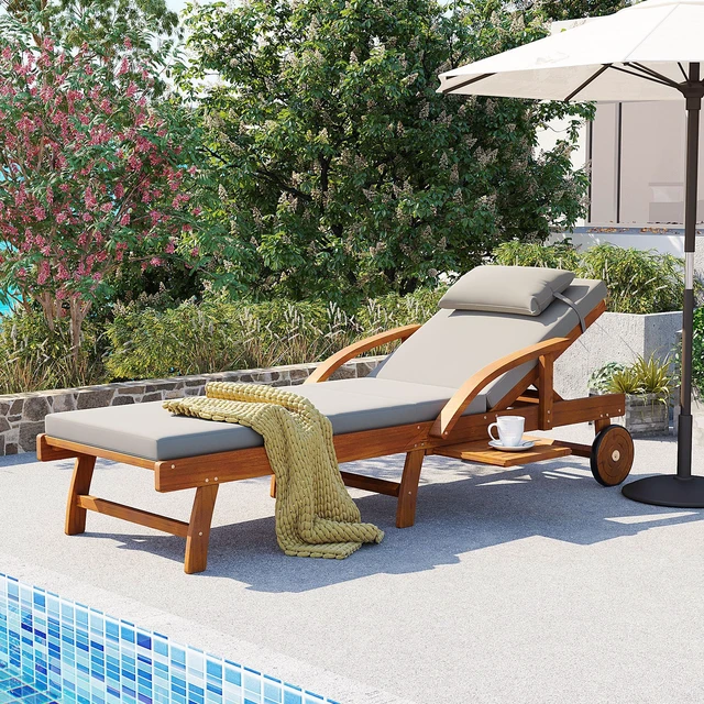 Main image of 77.5 Inch Adjustable Outdoor Lounge Chair Wood Frame with Cushions, Reclining Backrest and Leg Rest Headrest