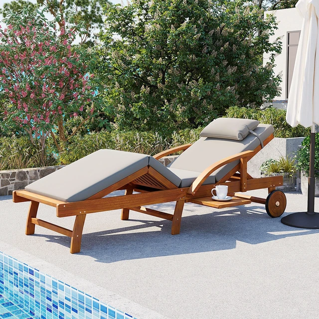 Alt view image 2 of 7 - 77.5 Inch Adjustable Outdoor Lounge Chair Wood Frame with Cushions, Reclining Backrest and Leg Rest Headrest