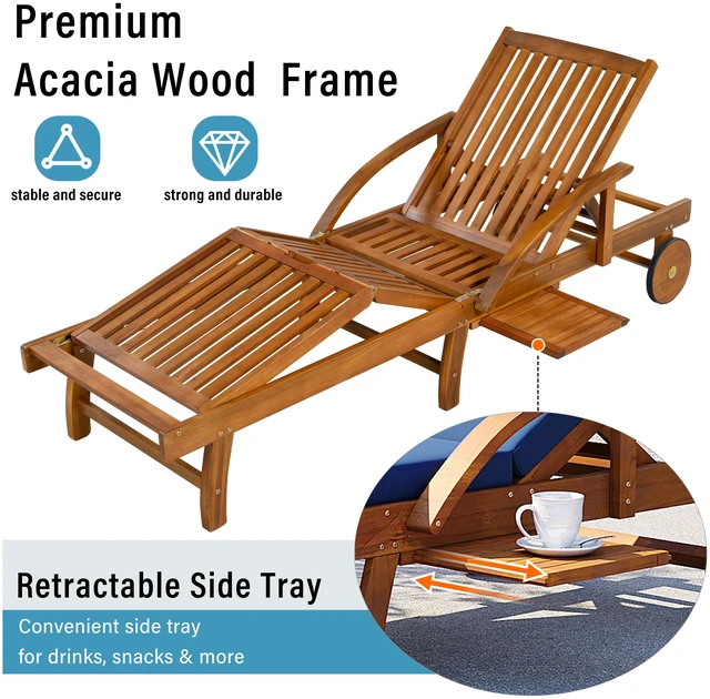 Alt view image 4 of 7 - 77.5 Inch Adjustable Outdoor Lounge Chair Wood Frame with Cushions, Reclining Backrest and Leg Rest Headrest