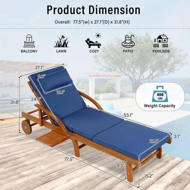 Alt view image 3 of 7 - 77.5 Inch Adjustable Outdoor Lounge Chair Wood Frame with Cushions, Reclining Backrest and Leg Rest Headrest