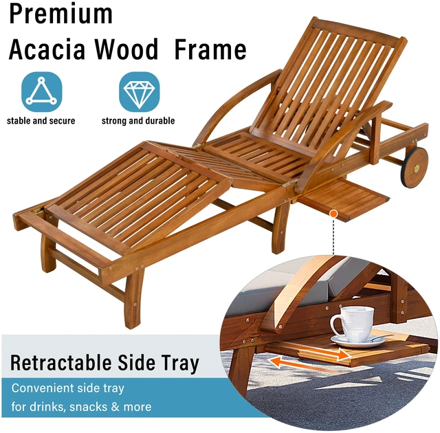 Alt view image 4 of 7 - 77.5 Inch Adjustable Outdoor Lounge Chair Wood Frame with Cushions, Reclining Backrest and Leg Rest Headrest