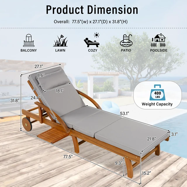 Alt view image 3 of 7 - 77.5 Inch Adjustable Outdoor Lounge Chair Wood Frame with Cushions, Reclining Backrest and Leg Rest Headrest